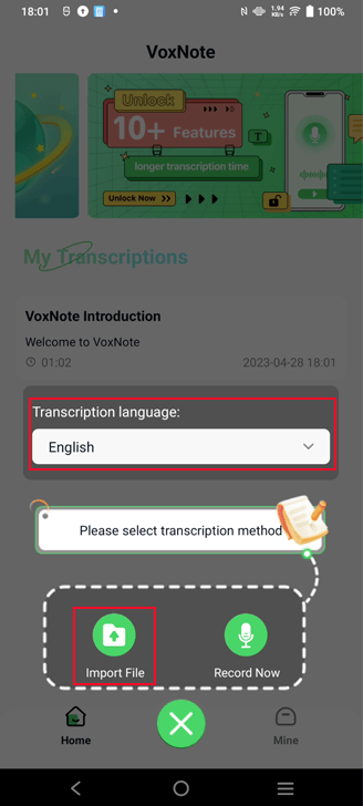 select file transcription and language 