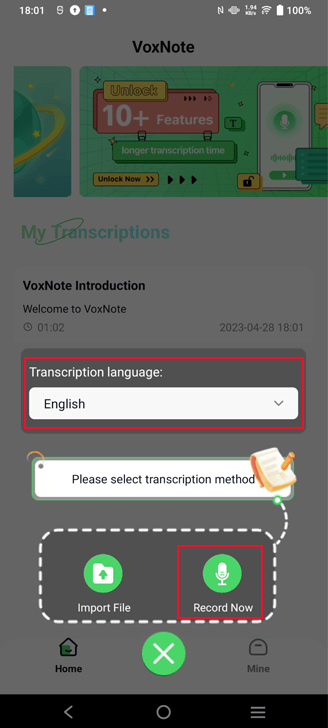 select live transcription and language