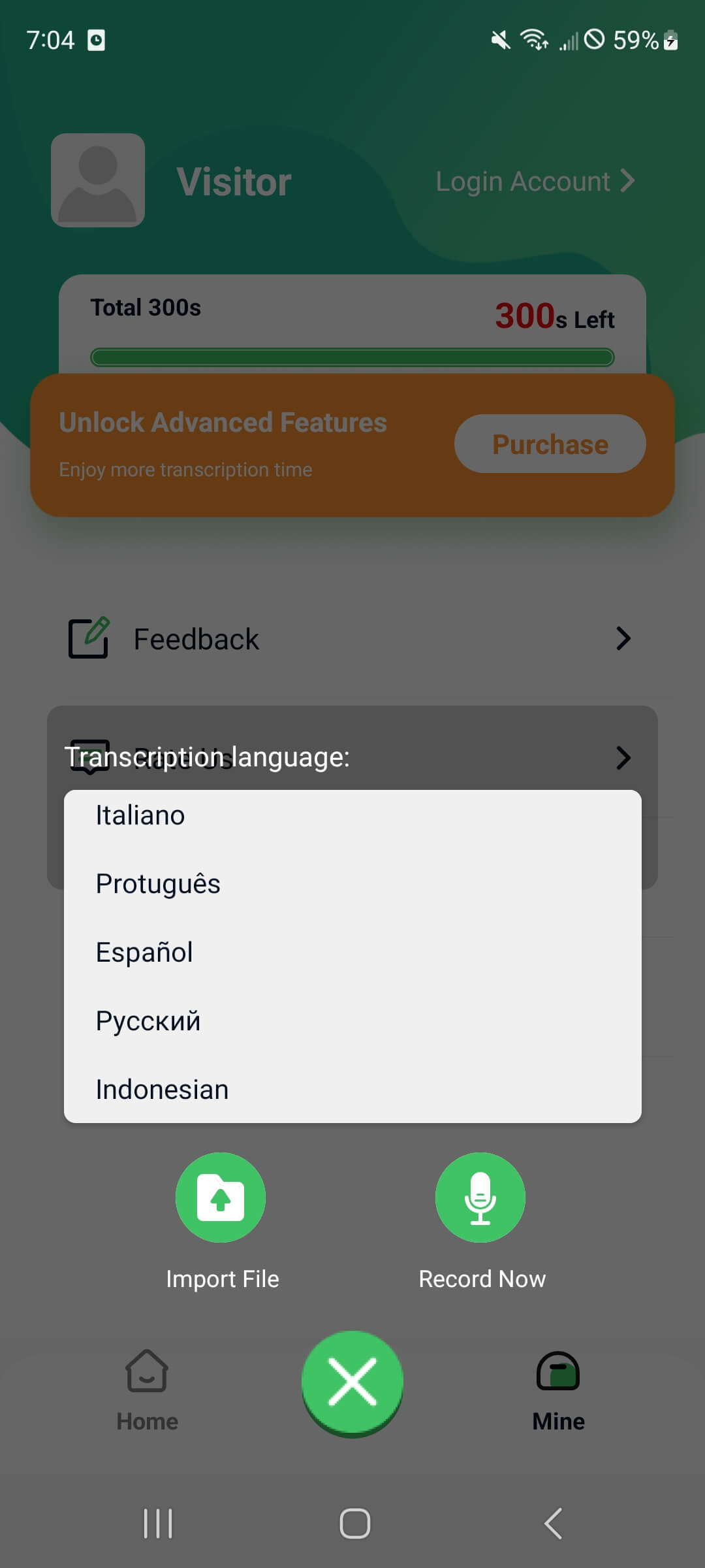 select the language to transcribe