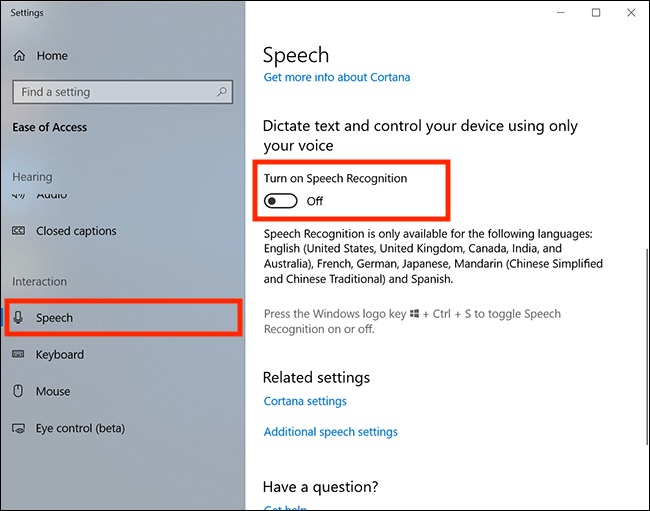 turn on speech recognition