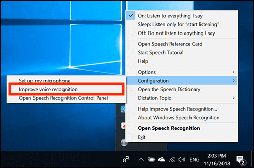 windows speech recognition in the start menu