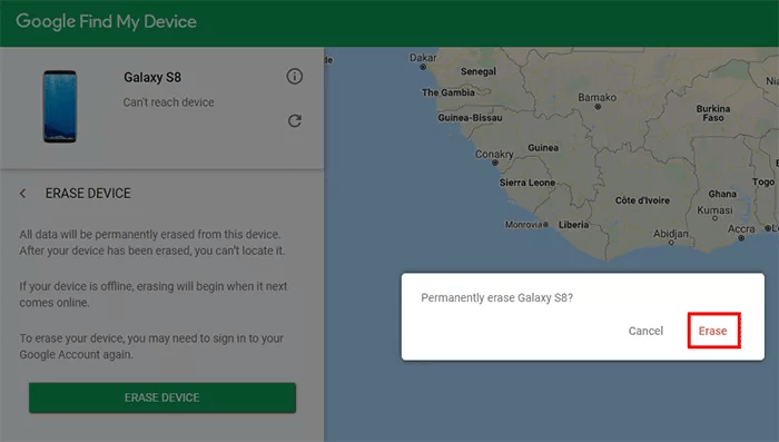 google find my device click erase