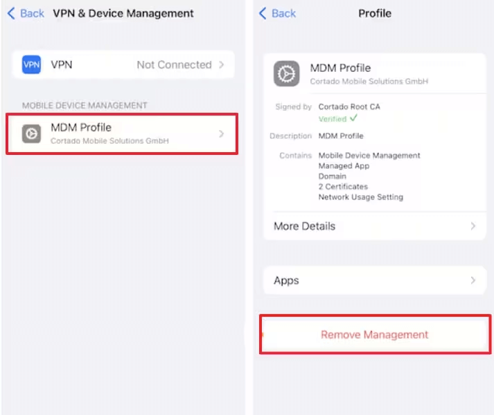 remove mdm from iphone or ipad via settings