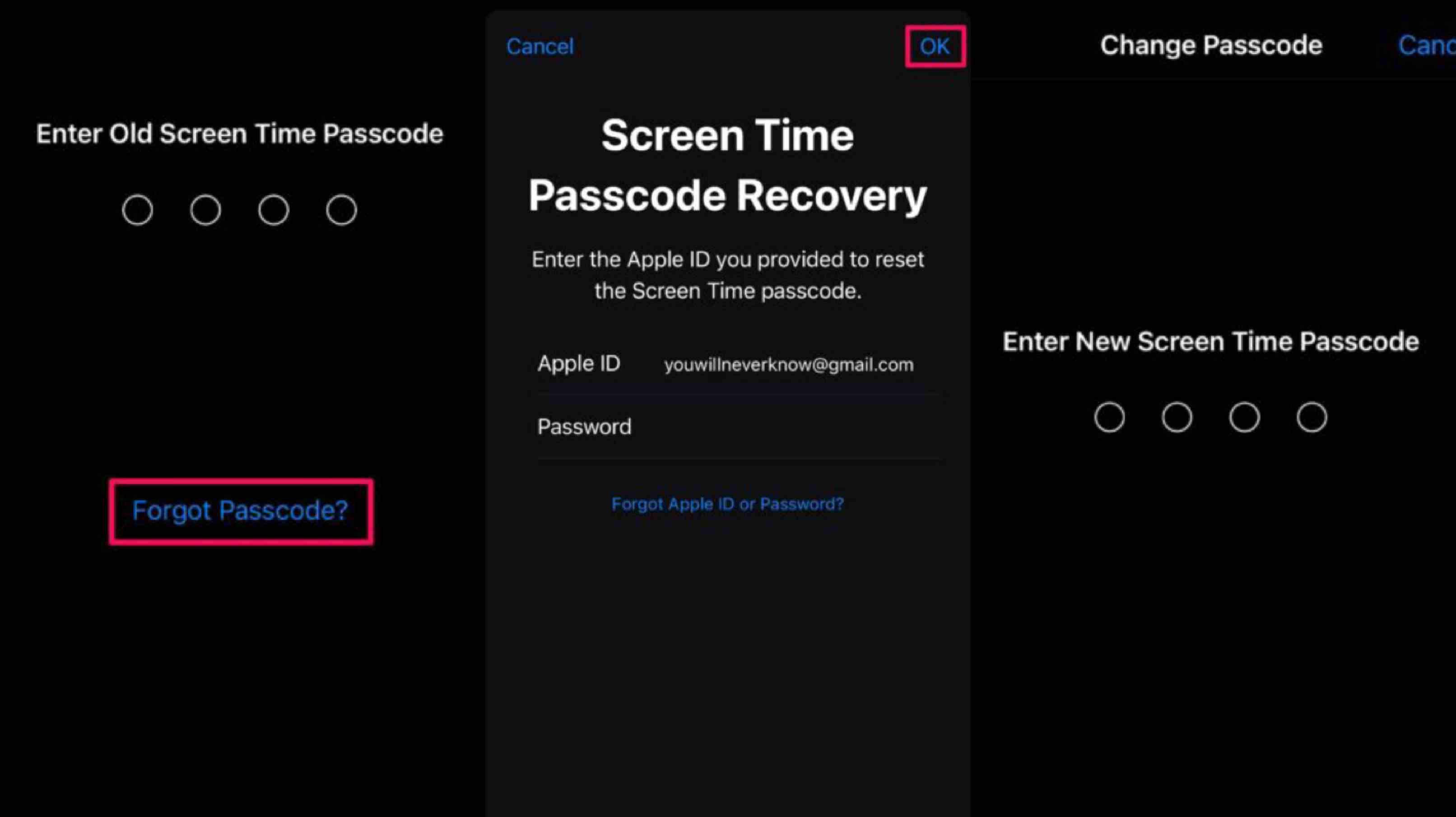 reset scrern time passcode with apple id