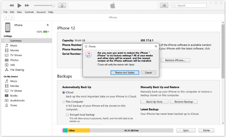 confirm to reset iphone without apple id via itunes