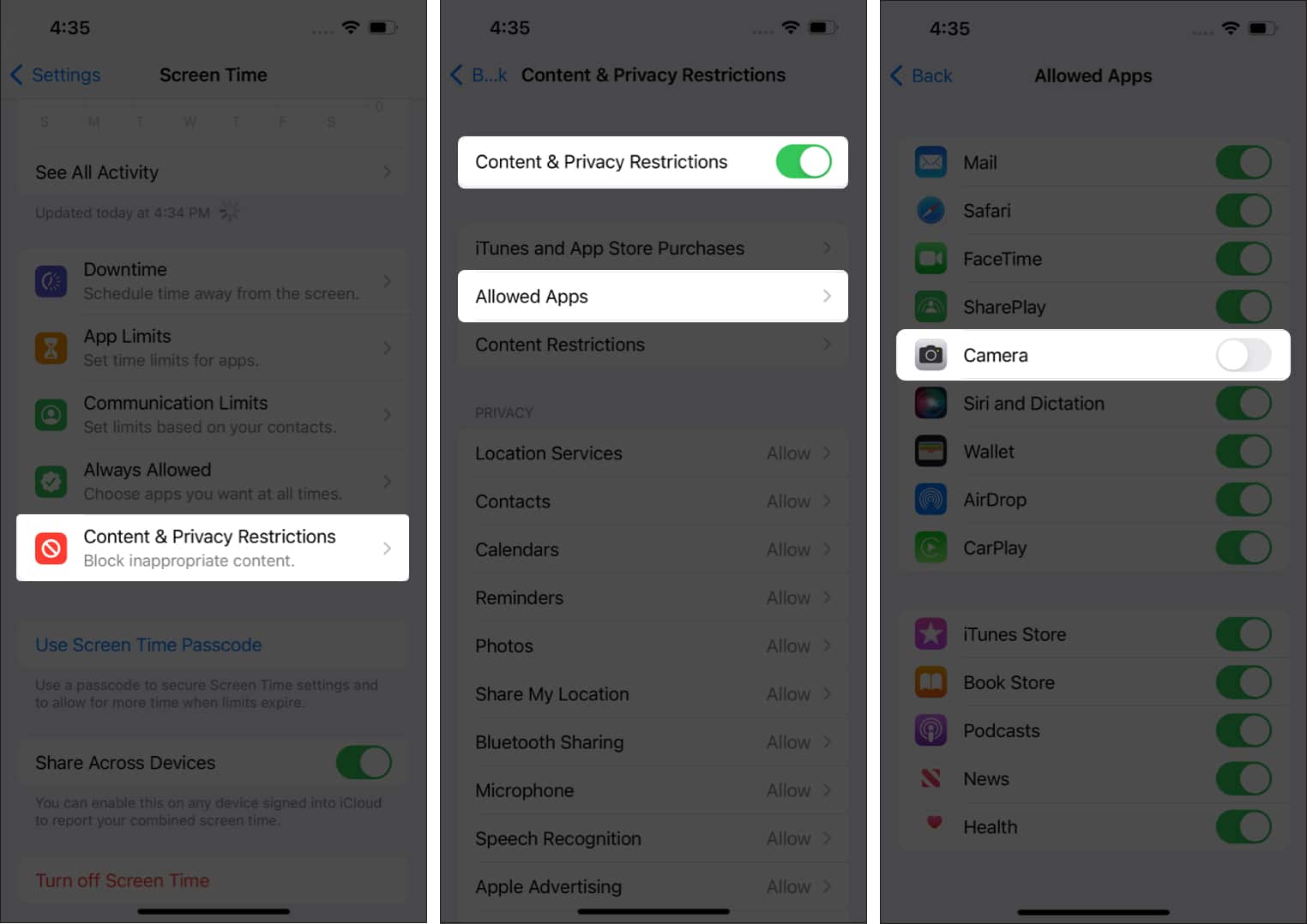 click content and privacy restrictions to turn off iphone camera on lock screen