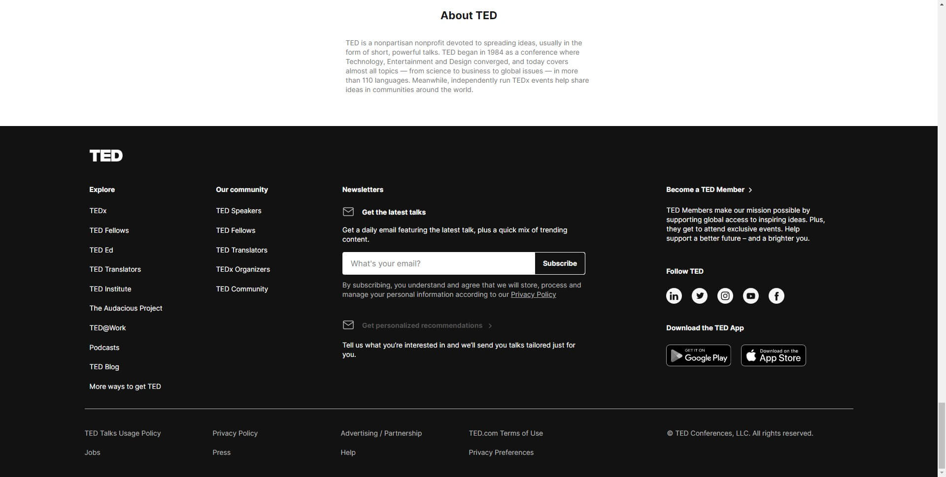website footer example- Ted