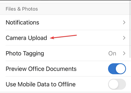 onedrive camera upload feature