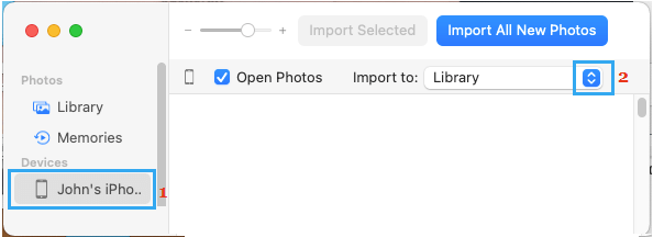 choose device and import to in photos