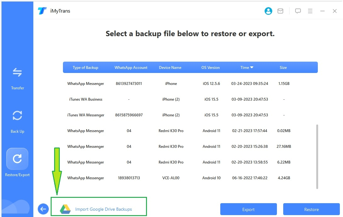 choose import from google drive backups option