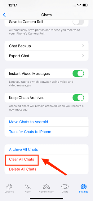 clear all chats on whatsapp