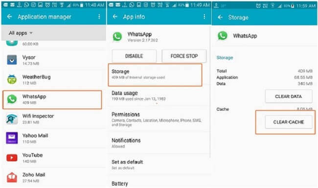 clear cache settings whatsapp