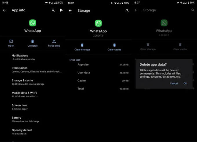 clear whatsapp cache and data