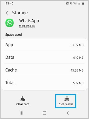 clear whatsapp cache in settings