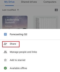 click share on mobile google drive app