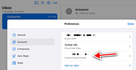 go to custom email option in icloud account settings