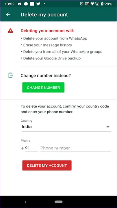 delete whatsapp account on android