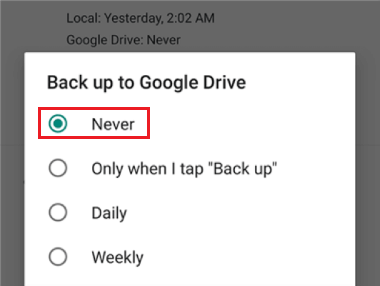 disable whatsapp back up to google drive