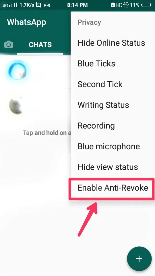 choose anti-revoke settings on gb whatsapp