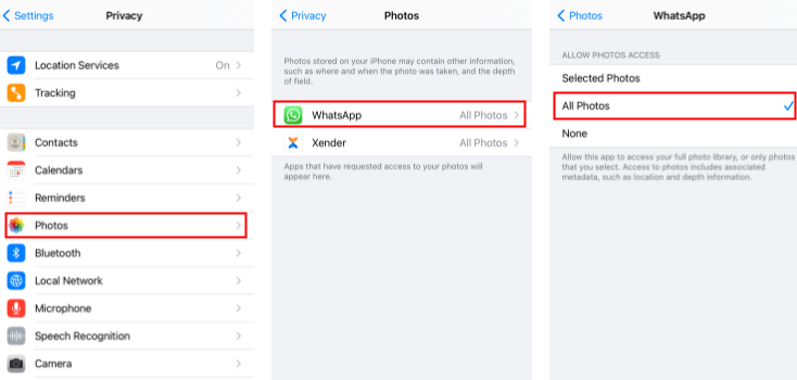 enable whatsapp photo permission on iphone