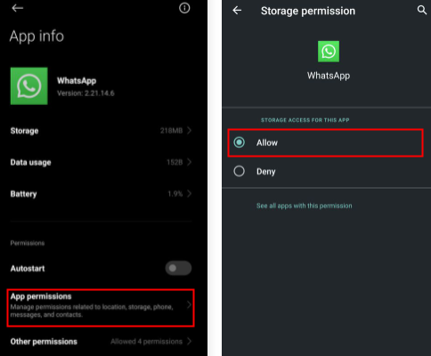 enable whatsapp storage permission on android