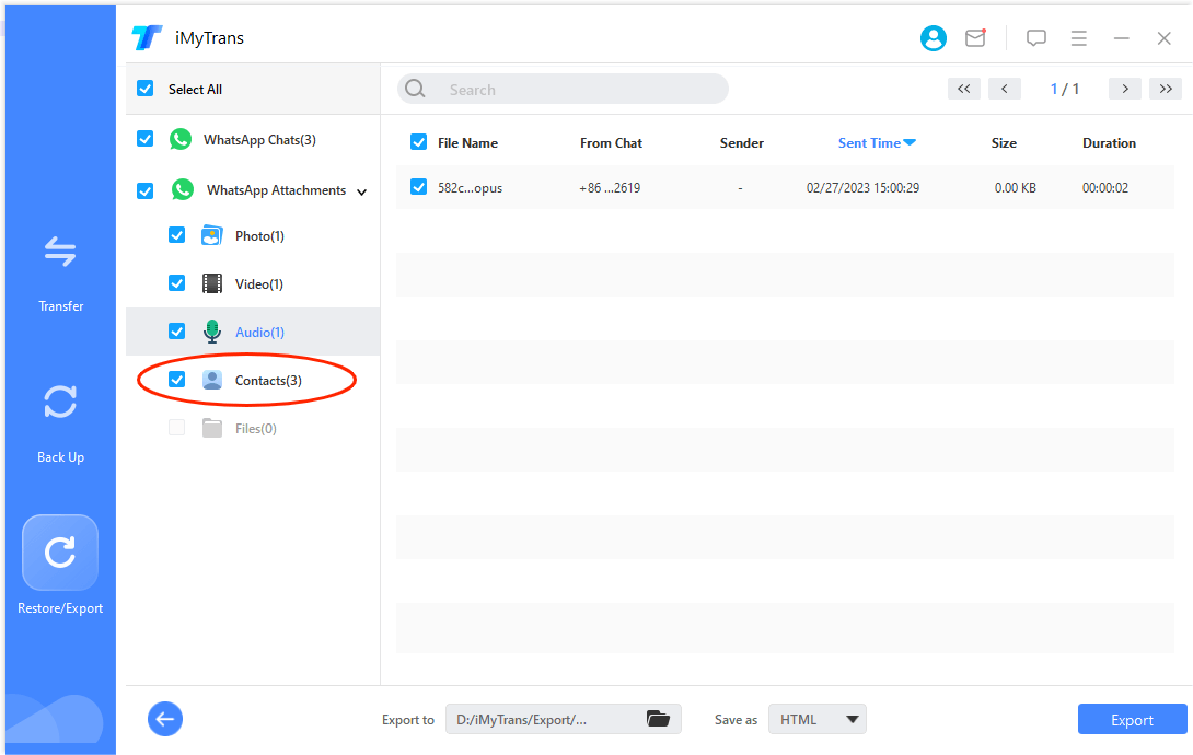 export whatsapp contacts with imytrans