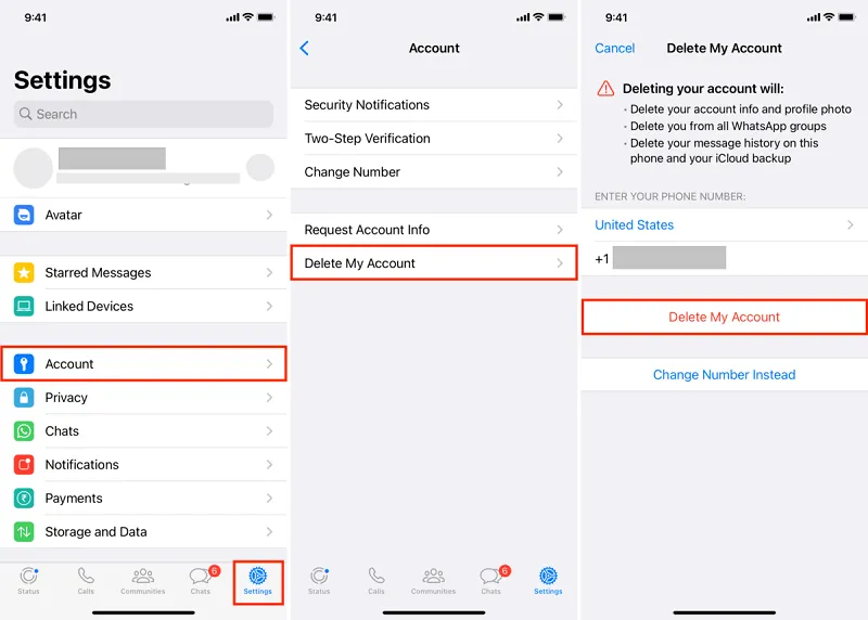 how to delete account on iphone whatsapp