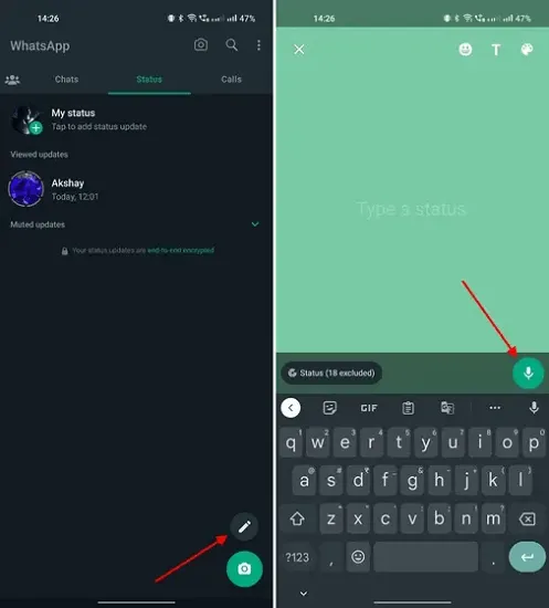 how to send voice status on whatsapp