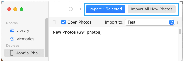 import selected photos on mac