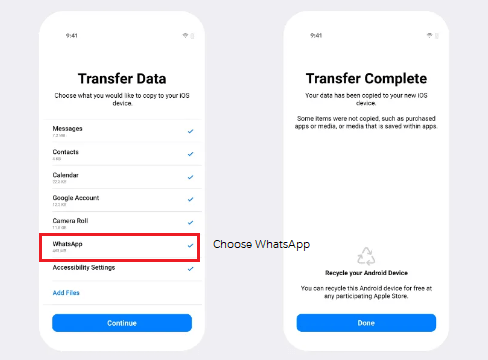 select transfer whatsapp data on move to ios