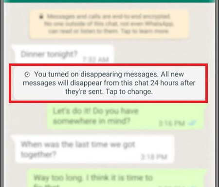 notification of turn on disappearing messages