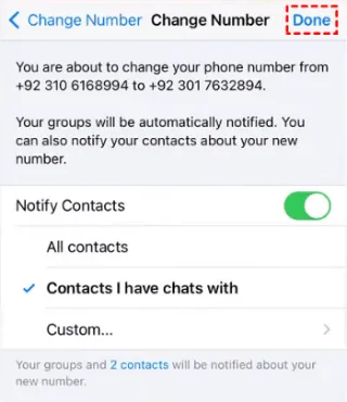 notify whatsapp contact about new number