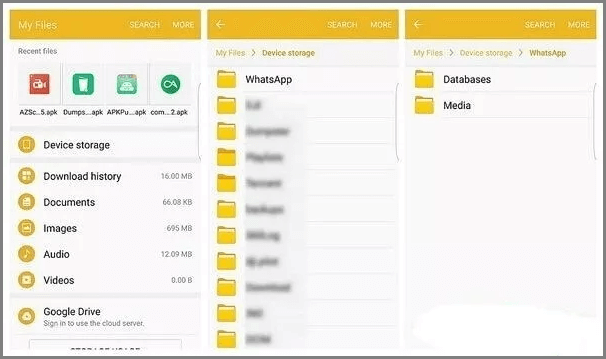 open file manager and find whatsapp database
