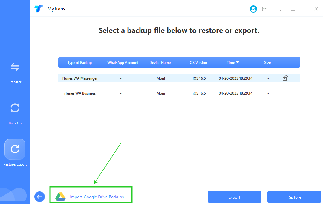 select google drive backups on imytrans