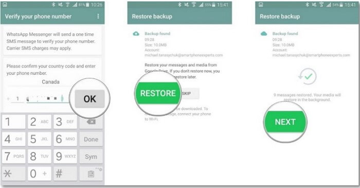 restore whatsapp data from google drive