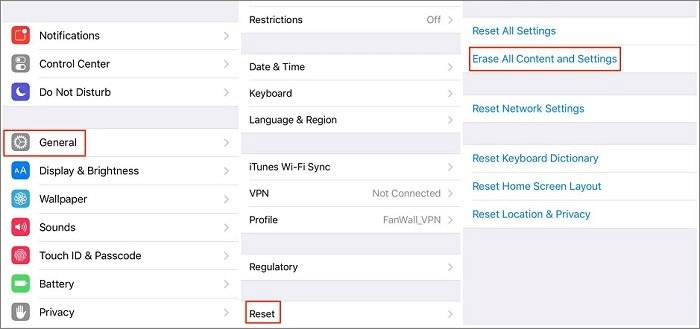 select reset and erase all content and settings