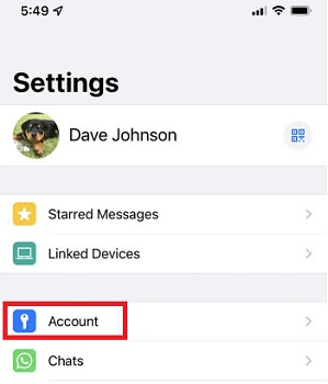 select settings account on iphone