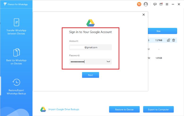 sign in and download your google drive backup