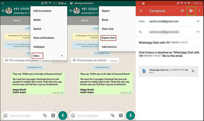 export whatsapp chat via email on android