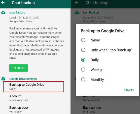 WhatsApp back up to google drive