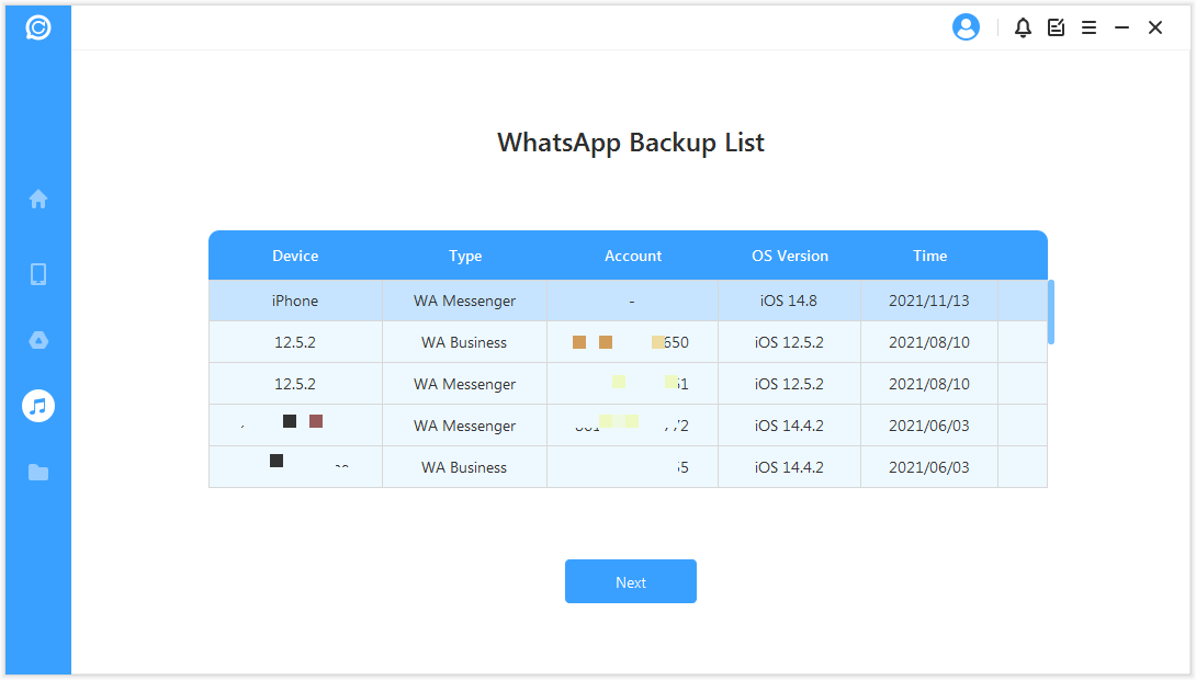 Select the WhatsApp backup files to open