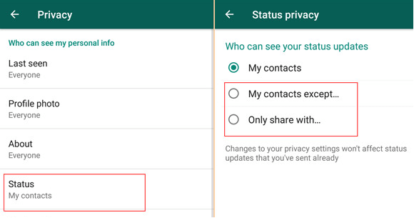 WhatsApp status settings