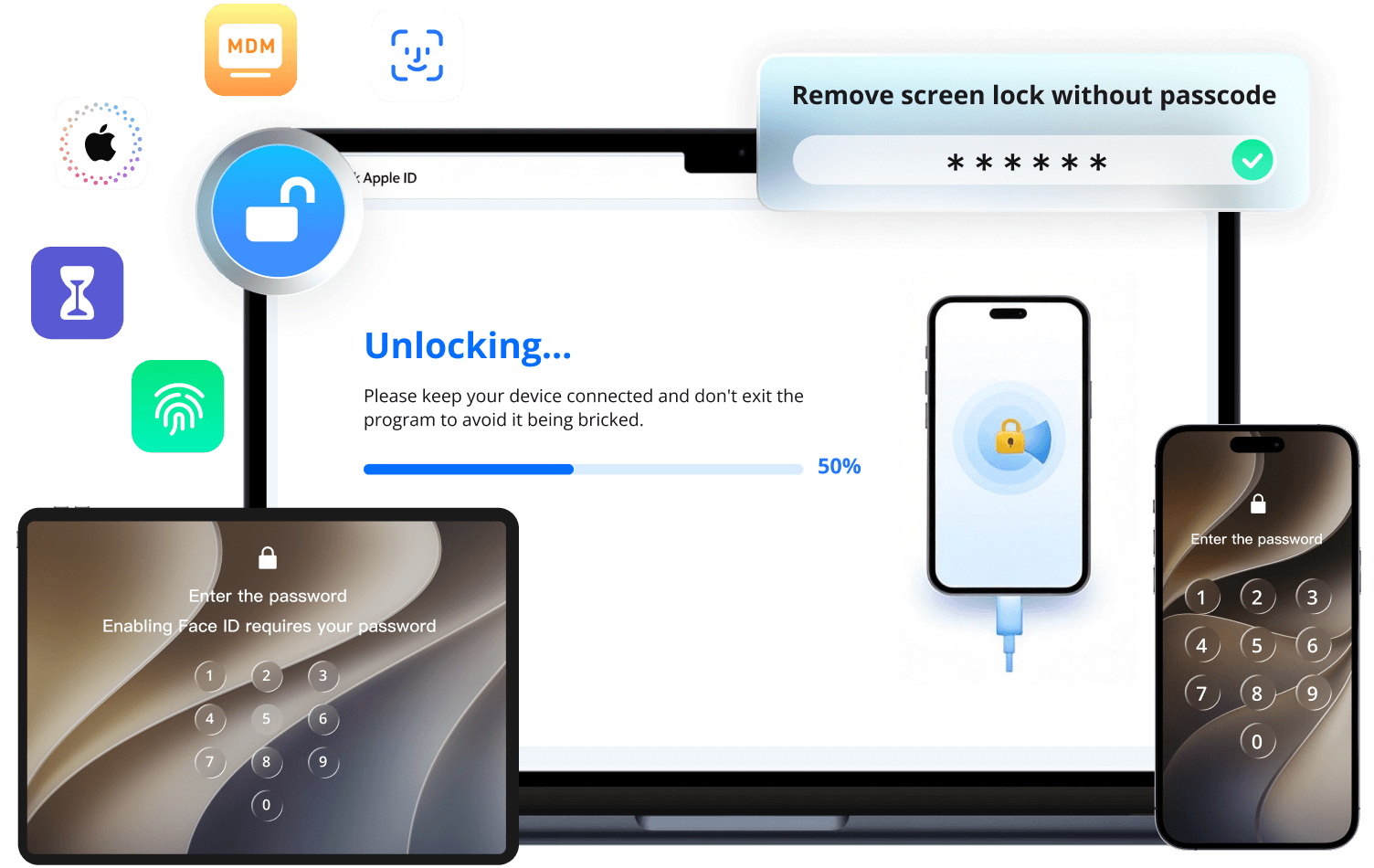 LockWiper screen unlock interface on multiple Apple devices