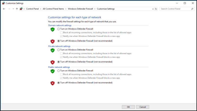 open or close windows defender firewall