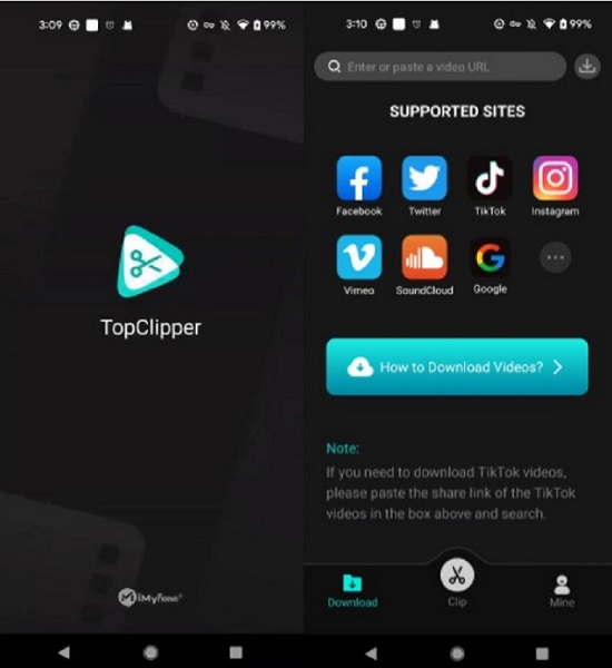 launch topclipper android to download videos