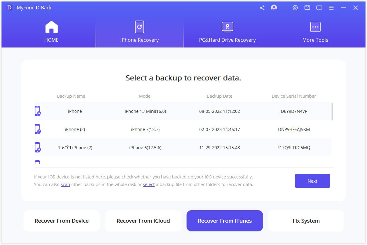 imyfone dback for ios select backup