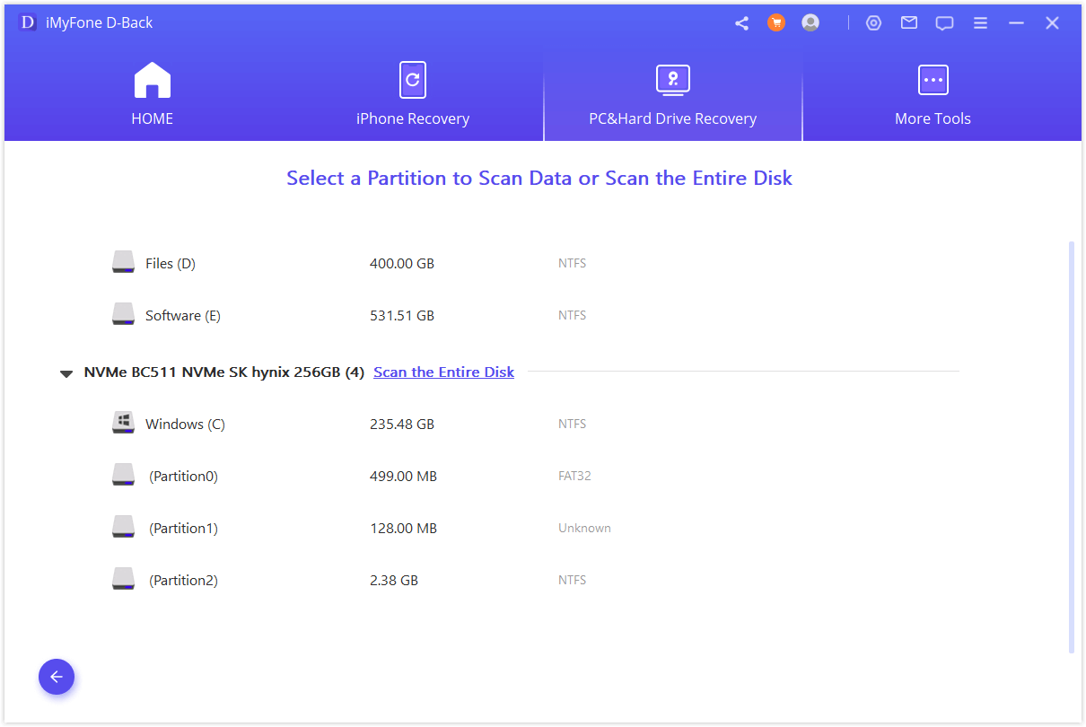 imyfone hard drive recover select partition