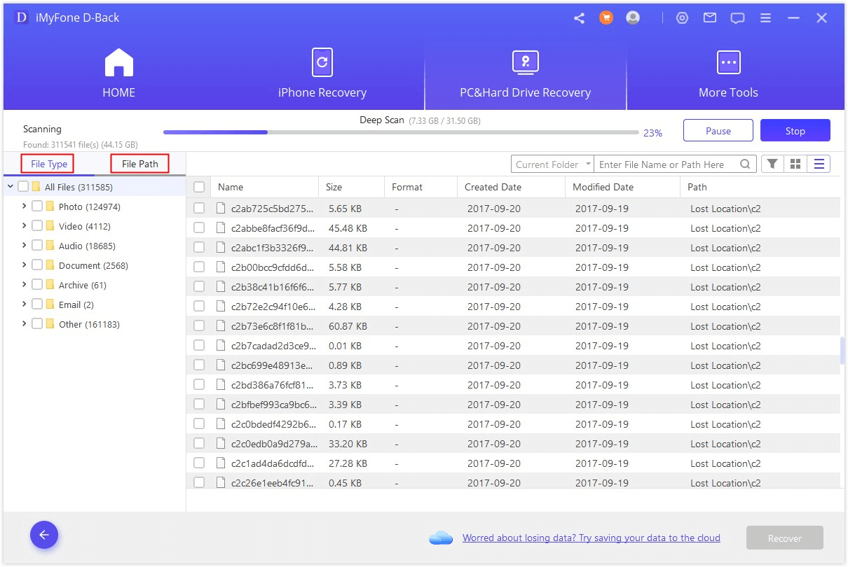 imyfone hard drive recovery scan