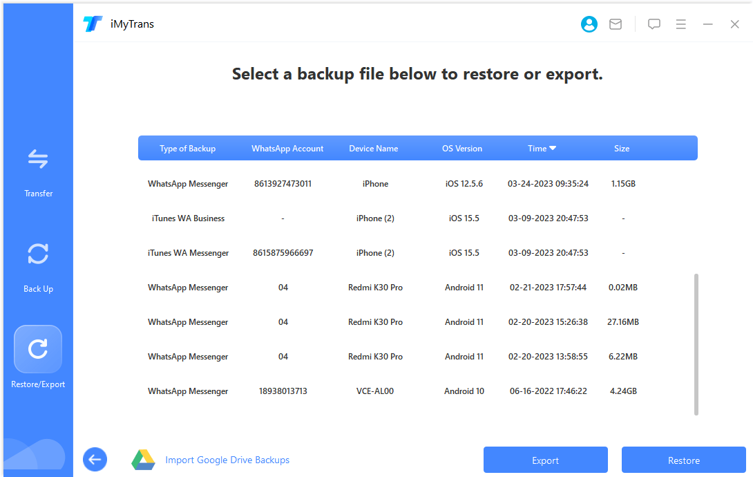 choose a WhatsApp backup to export