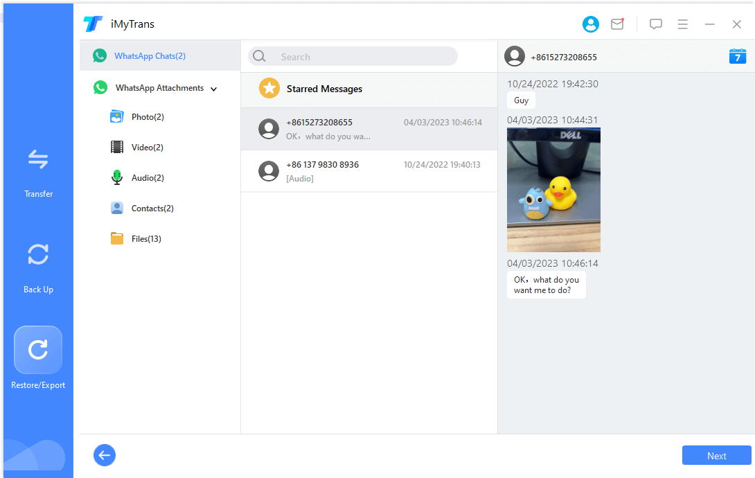 preview and select the WhatsApp chats or attachments to export